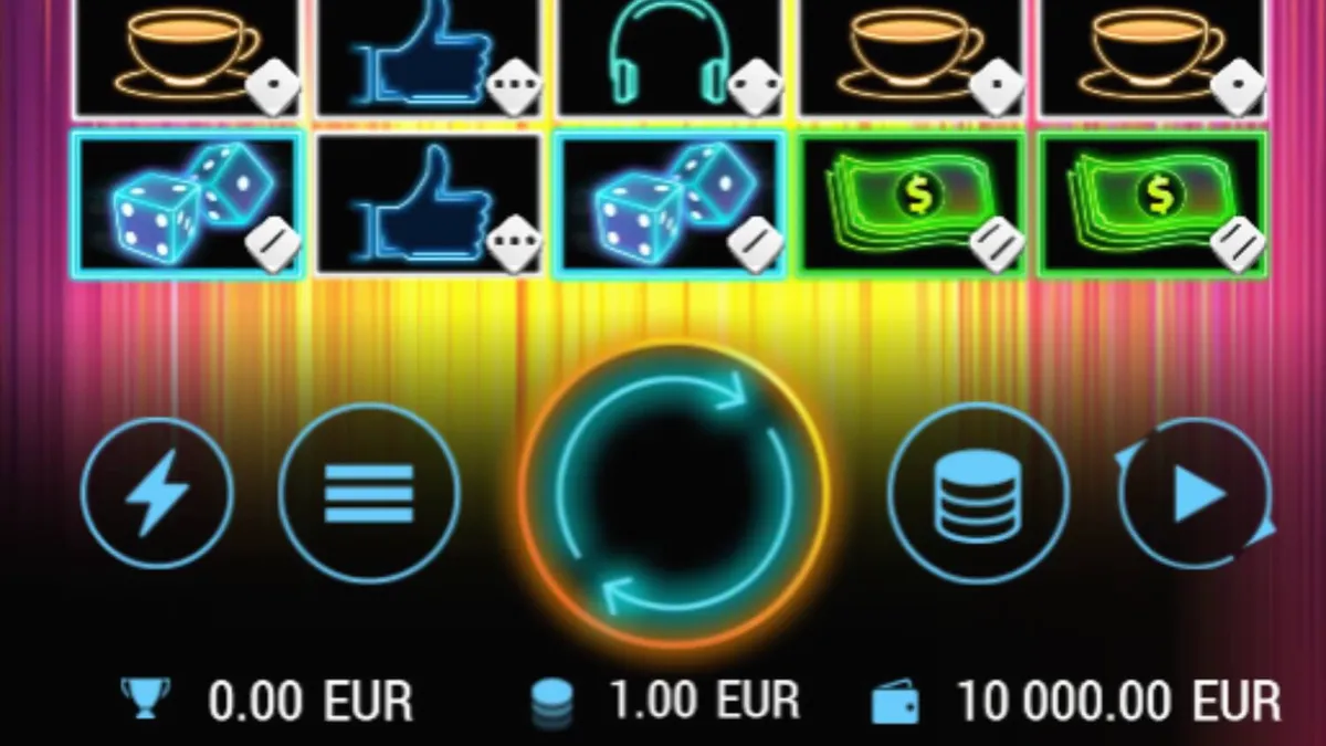 Tampilan visual neon retro dari slot Dopamine Rush Dice