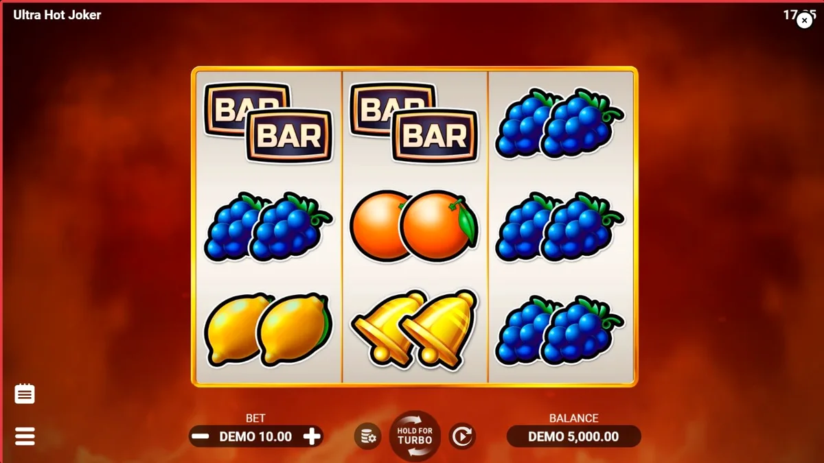 Tampilan visual slot Ultra Hot Joker dengan tema buah-buahan dan api