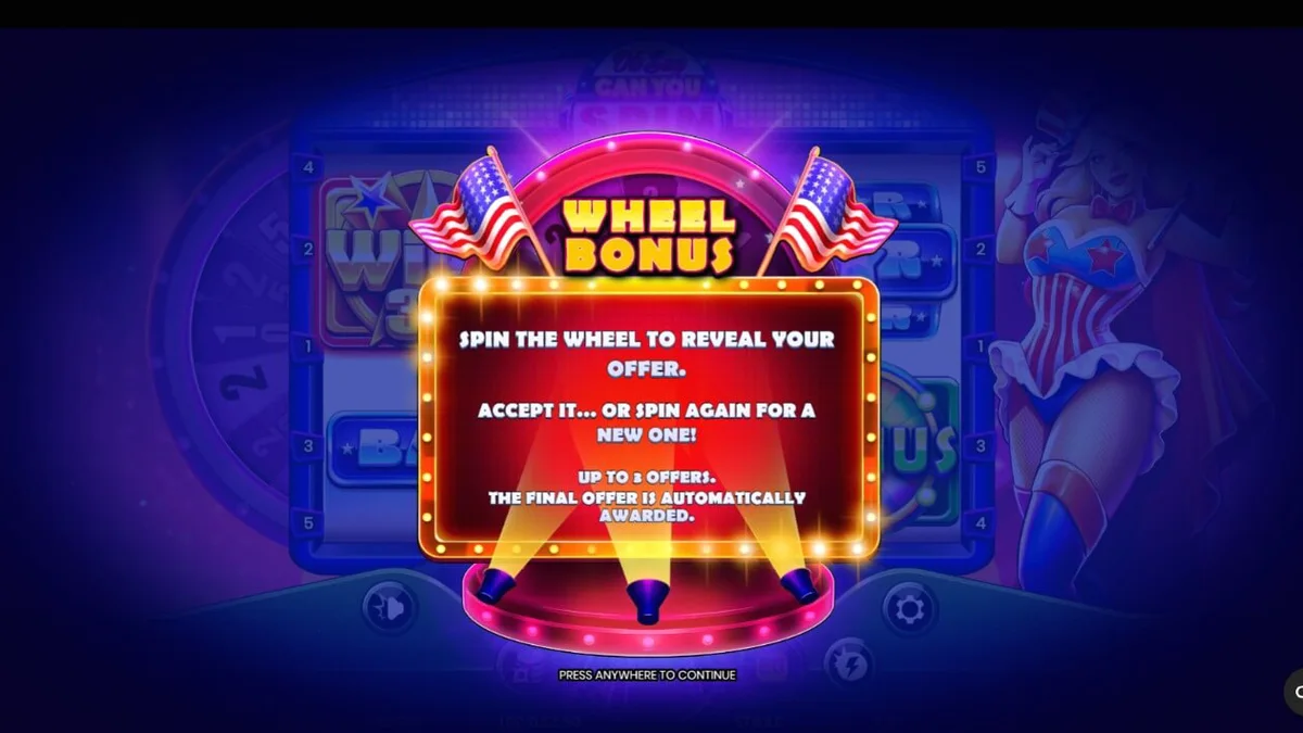 Tampilan visual slot Oh Say Can You Spin dengan tema patriotik dan roda bonus.