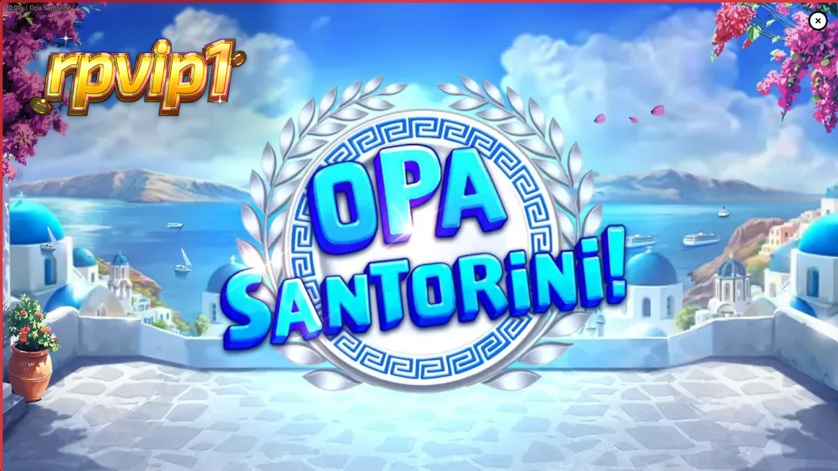 Pemandangan indah pulau Santorini dengan latar belakang slot Opa Santorini!