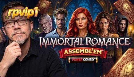 Tampilan visual slot Immortal Romance ASSEMBL’EM™ dengan elemen karakter dan mekanika kartu.